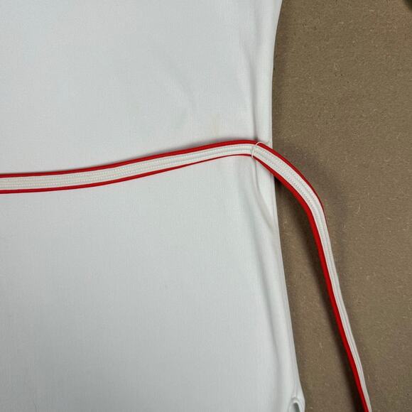 Vintage 70s Japan Import White Red Trim Belted Polyester Top Blouse Mod Disco M - Picture 4 of 7